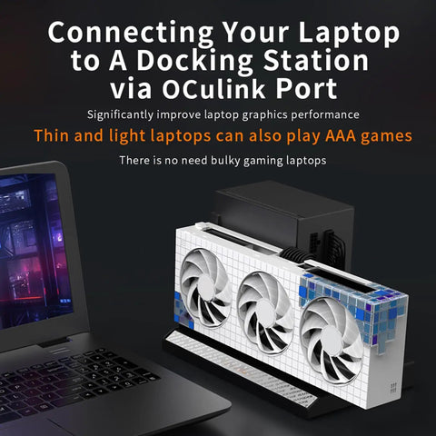 Plug And Play External Gpu Dock For Laptop Graphics Card Expansion PCIE Enclosure connected to laptop via OCulink port.