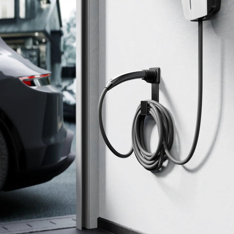 Heavy Duty Wall Mount EV Charger Holder For Tesla Connector Nozzle Holster Dock And J Hook Combo Secure Stainless Steel Cable Management