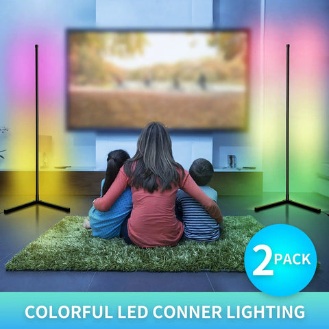 2 Pack RGB Corner Floor Lamp Set For Living Room, Lit Dream Color Changing LED Mood Lighting with family watching TV