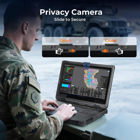 Built Like A Tank 15.6 Inch Rugged Laptop Running Windows 11 Pro features privacy camera, military-grade build, and user interface.