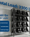 Heavy Gauge Five Tier Carbon Steel Shelving Rack With Reinforced Mesh Panels And Self Leveling Feet loaded with dumbbells, 660 lbs per layer.