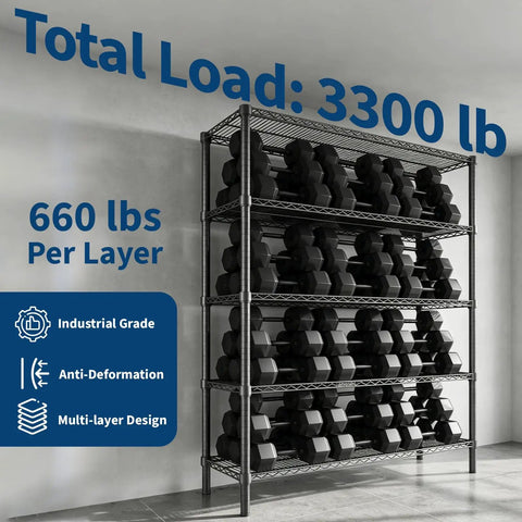 Heavy Gauge Five Tier Carbon Steel Shelving Rack With Reinforced Mesh Panels And Self Leveling Feet loaded with dumbbells, 660 lbs per layer.