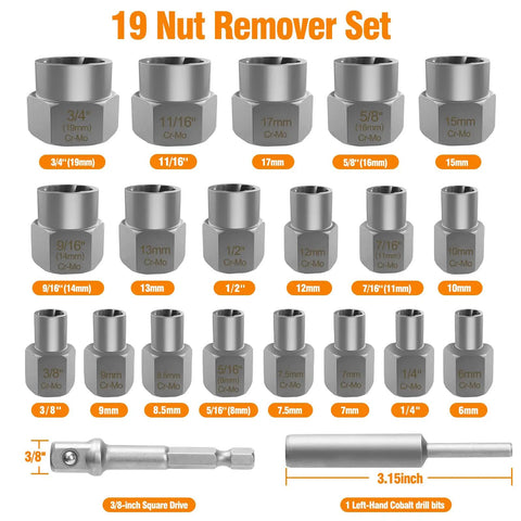 19-piece Bolt Extractor Set for Stripped Nuts, 3/8 Inch Square Drive, Heavy Duty 41Cr4 Steel, Nut Remover Twist Sockets