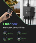 Outdoor remote control timer with remote and waterproof 3 grounded outlets, installed on wall for string lights, ETL listed