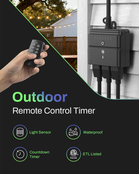 Outdoor remote control timer with remote and waterproof 3 grounded outlets, installed on wall for string lights, ETL listed