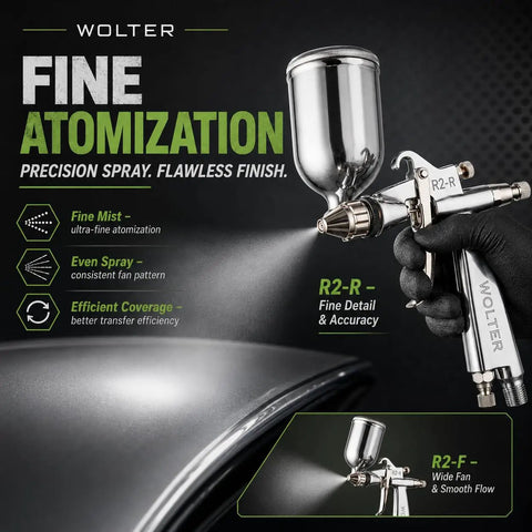 Kick Your Diy Painting Projects Into High Gear With This Pro Grade Spray Gun Featuring Forged Metal Nozzle And Solid Brass Cap For Slick Water Base Coats And Quick Mess Free Cleanup, showcasing the R2-R spray gun with fine atomization.