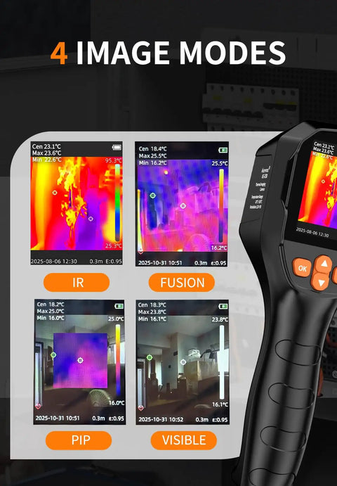 Pro Grade Dual Camera Thermal Imaging System With Visual Light 120x90 IR Resolution And 240x240 Ultra Resolution 25 Hz Thermal Camera showing four image modes: IR, Fusion, PIP, Visible, on screen