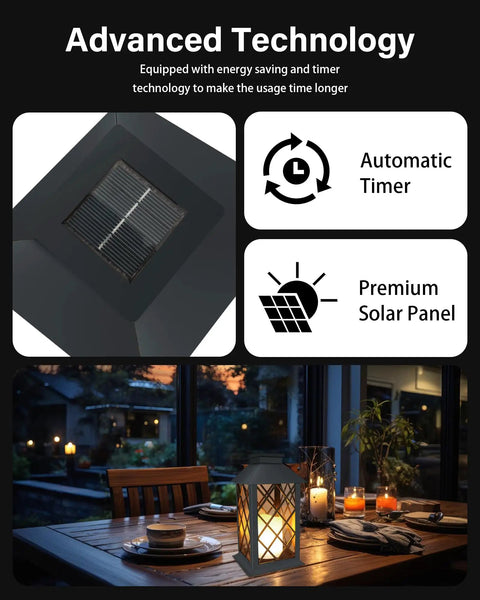 Solar Outdoor Lanterns Waterproof 14 Inch Two Pack With LED Flickering Flameless Candles on table at night