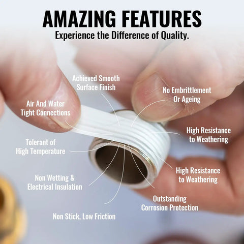 Close-up of PTFE Thread Seal Tape For Plumbing being wrapped around a pipe, highlighting features like leak-proof and durable material.