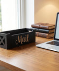 Wood Wall Mount Mail Organizer Keeps Envelopes Bills Letters And Cards Neatly In One Sweet Spot Ideal Home Office Storage Eleven Point Zero Two By Three Point Nine Four Inches Modern Minimalist Desk Box on a wooden desk next to a laptop