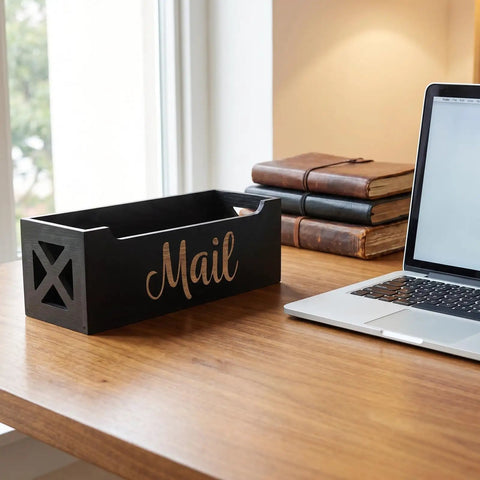 Wood Wall Mount Mail Organizer Keeps Envelopes Bills Letters And Cards Neatly In One Sweet Spot Ideal Home Office Storage Eleven Point Zero Two By Three Point Nine Four Inches Modern Minimalist Desk Box on a wooden desk next to a laptop