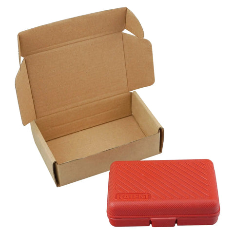 34-Piece Screwdriver Bit Set With Mini Ratchet Wrench, 1/4-Inch Drive, in compact red blow-mold case next to open cardboard box