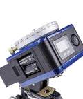Detail of ECH 630 Compact Star Tracker with open battery compartment, LCD menu, on SLIK SMH-250, for backpacking photogs multi-speed modes.