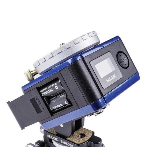 Detail of ECH 630 Compact Star Tracker with open battery compartment, LCD menu, on SLIK SMH-250, for backpacking photogs multi-speed modes.