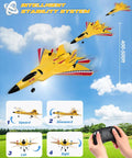 F22 RC Plane Jet For Beginners And Kids, Easy To Fly Foam Glider With Gyro Stabilization, Durable EPP Foam, Long 30 Minute Flights, Dual 250mAh Batteries, Yellow demonstrated flying with remote control.