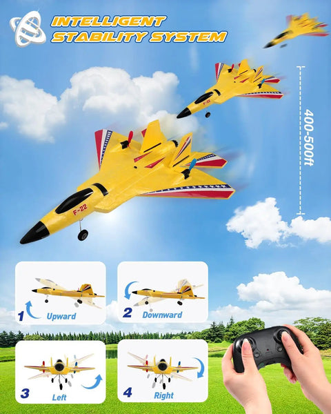 F22 RC Plane Jet For Beginners And Kids, Easy To Fly Foam Glider With Gyro Stabilization, Durable EPP Foam, Long 30 Minute Flights, Dual 250mAh Batteries, Yellow demonstrated flying with remote control.