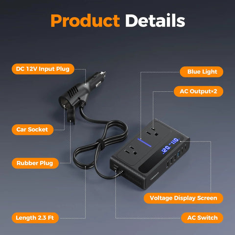200W Car Power Inverter Featuring Rapid USB C Fast Charging And Dual AC Outlets with DC 12V input and voltage display.