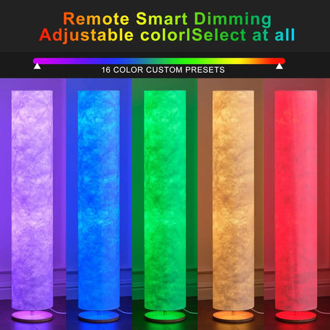 Lit 52 Inch Slim Modern Floor Lamp with RGB Color Changing Tyvek Fabric Shade demonstrating five color options