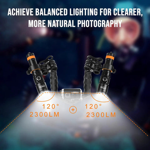 Diagram showing D710V Mk2 Dual Underwater Video Light Kit With 4600 Lumens Two 2300 Lumen Lights Tri Color overlaid with text