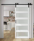 Double Glass Sliding Barn Door Kit With 6 Ft Bypass Hardware, 5 Panel Frosted Glass, white door installed in modern interior.