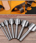 Half Round Leather Punch Cutter Set 7 Piece DIY Leather Craft Tool For Wallets Belts Straps And More Handy Pro Grade Solid Steel End Cutter With 10 To 40 Millimeter Circle End Options For Clean Half Circle Edges displayed on wooden background.