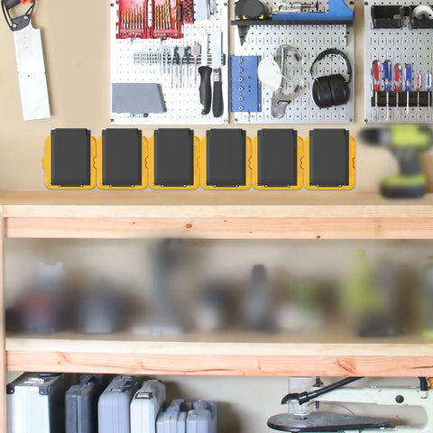 Six Pack Battery Mount Holder For Dewalt 20V 60V Batteries Wall Mount Shelf Van Toolbox Storage Compatible With DCB200 DCB203 DCB206 DCB201 DCB202 DCB204 DCB208 DCB606 DCB609 displayed on wall in workshop.