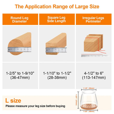 Measurement guide for Silicone Chair Leg Floor Protectors Set With Thick Elastic Pads For Hardwood Floors, 24 Pack Clear Large Size.
