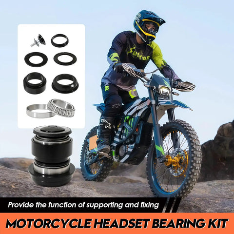 Motorcycle headset bearing kit with tapered roller bearings beside Light Bee X S Sur Ron electric dirt bike