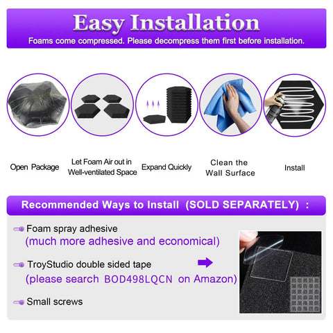 Easy installation steps for Dense Sound Absorbing Hexagon Foam Panels Pack Of 24 Thick Acoustic Wall Tiles.