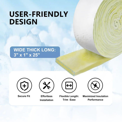 Foil Backed Fiberglass Pipe Wrap For Outdoor Use, Durable Insulation Shield Against Freezing Weather, 3 Inch Wide By 1 Inch Thick By 25 Feet Long One Pack, Easy Trim Fit For Duct Pipes shown in rolled design with features highlighted.