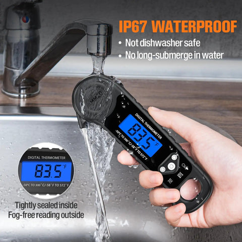 Ultra Fast Digital Meat Thermometer For Cooking Grilling Baking Frying And Candy Making Instant Read In Seconds Dead On Accurate To 2 Degrees Fahrenheit Or Celsius Perfect Kitchen Gadget Gift For Men Women Dad Mom being rinsed under faucet, waterproof feature