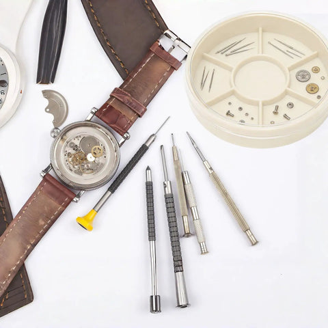 Watch repair tools and components with round tray holder and colorful 5 layer watch parts storage box organizer for movement screws.