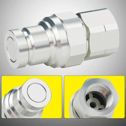 Side view of ANCIMOON 3/8 in NPT flat-face hydraulic quick-connect coupler with dust cap, silver metal