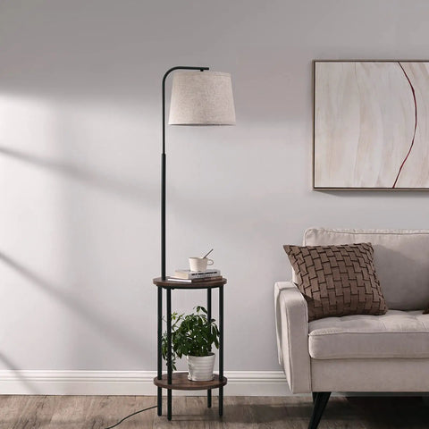 Space Saving Floor Lamp With Attached End Tables Two Handy Round Tables For Bedroom Living Room Or Office Adjustable Reading Lamp Farmhouse Style Nightstand Light