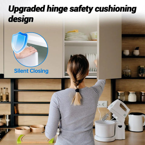 Woman using 4 Pack Frameless Soft Close Cabinet Hinges 170 Degree Concealed Full Overlay for Kitchen Cabinets, silent close feature