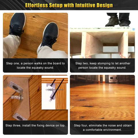 Relief Squeaky Floor Repair Kit for wood and laminate floors shown in step-by-step installation process on wooden floor
