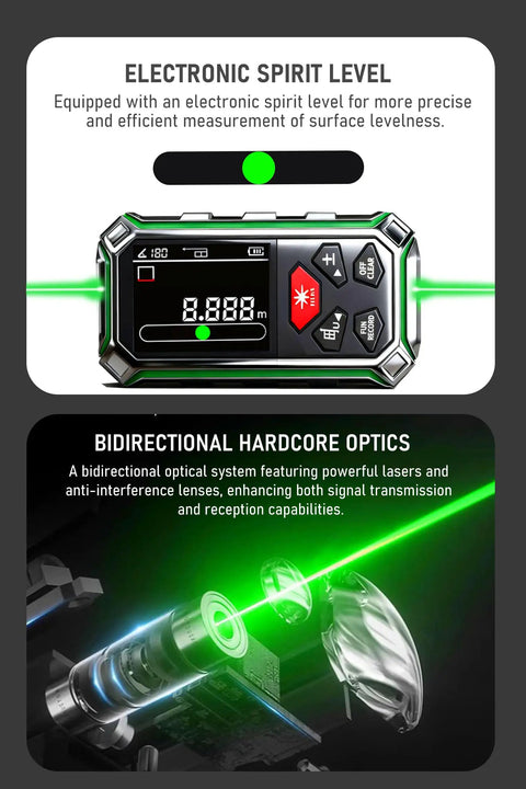 Pro Grade Dual Laser Measuring Tool ZC SG60 with Green Laser 393 Feet Bidirectional Range 196 Feet Unidirectional One Sixteenth Inch Accuracy Readings Time Saving Distance Meter for DIY Construction and Contract Jobs, electronic spirit level display