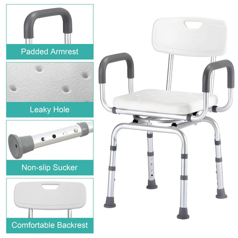 360 Degree Swivel Shower Chair With Armrests And Backrest, Portable Bath Seat For Tub, Adjustable Height, White Finish