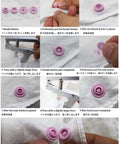 Installation steps for Snap Pliers Kit for No-Sew Button Snaps with T3/T5/T8 Dies shown on fabric