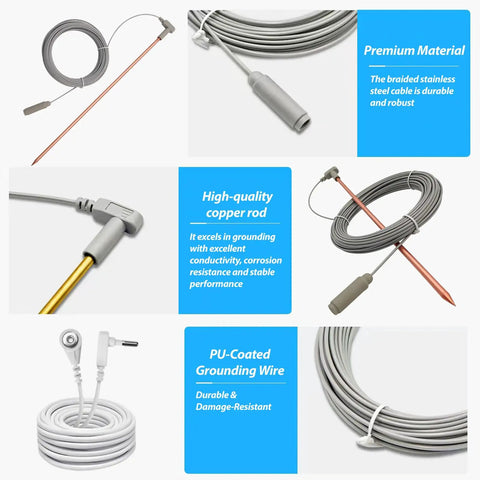 Portable Copper Grounding Rod Kit With 12 Inch Grounding Rod, 40 Ft Female Ground Cord, And 15 Ft Ground Wire, DIY Friendly