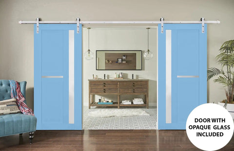 Double Barn Door Set 84 By 96 Inches With Aquamarine Frosted Glass And Stainless Steel 14 Foot Rail Hangers heavy duty hardware