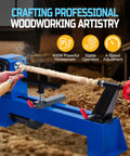 Benchtop wood lathe, blue, front view turning a wooden spindle on a stand with tailstock and red handwheel.