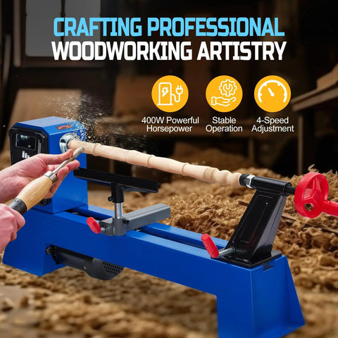 Benchtop wood lathe, blue, front view turning a wooden spindle on a stand with tailstock and red handwheel.