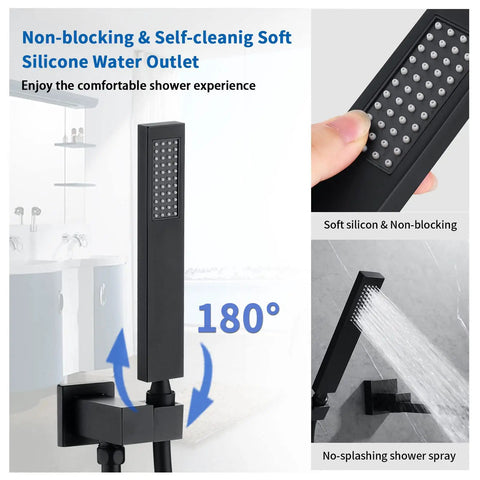 Matte Black Wall Mounted Bathtub Faucet Set With 180 Degree Swivel Spout Tub Filler With Hand Shower featuring silicone outlet