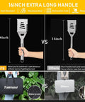 Comparison of 16-inch and 14-inch BBQ spatulas, highlighting 34Pcs Grill Accessories Set for Grilling Enthusiasts with waterproof bag.