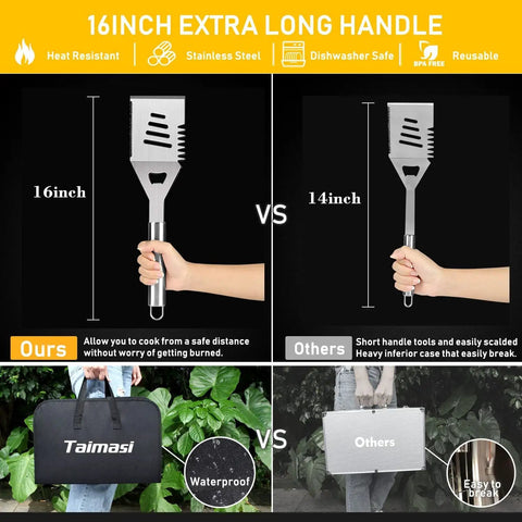Comparison of 16-inch and 14-inch BBQ spatulas, highlighting 34Pcs Grill Accessories Set for Grilling Enthusiasts with waterproof bag.