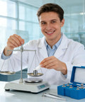 Scientist using M2 Class Calibration Weight Set 105g Total 50g, 2x20g, 10g, 5g for precise lab measurements in laboratory setting.