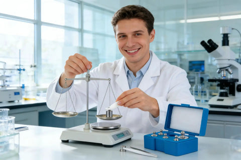 Scientist using M2 Class Calibration Weight Set 105g Total 50g, 2x20g, 10g, 5g for precise lab measurements in laboratory setting.