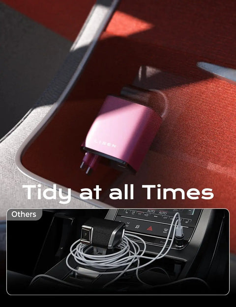 Retractable Car Charger Featuring 84W USB C Fast Power in a vehicle, keeping console tidy and wire free.