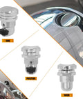 Chrome Push Button Fuel Door Gas Cap Latch Kit for Electra Glide Touring Bikes, side and back view, fits 1992-2025 models